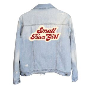 Judith March Small Town Girl Denim Jacket Women’s Size M Distressed Patch FLAW